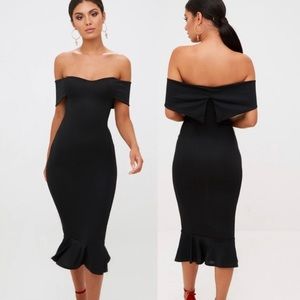 Black Bardot Frill Hem Midi Dress